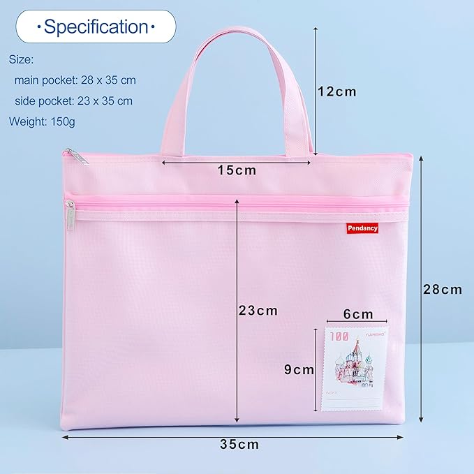 Pendancy Mesh Zipper Pouch 11x13.7 in, Large Double Pocket Waterproof File Bag with Handle, A4 Size Foldable Document Storage for Puzzle Project/Cross Stitch/Travel/Office（Pink）