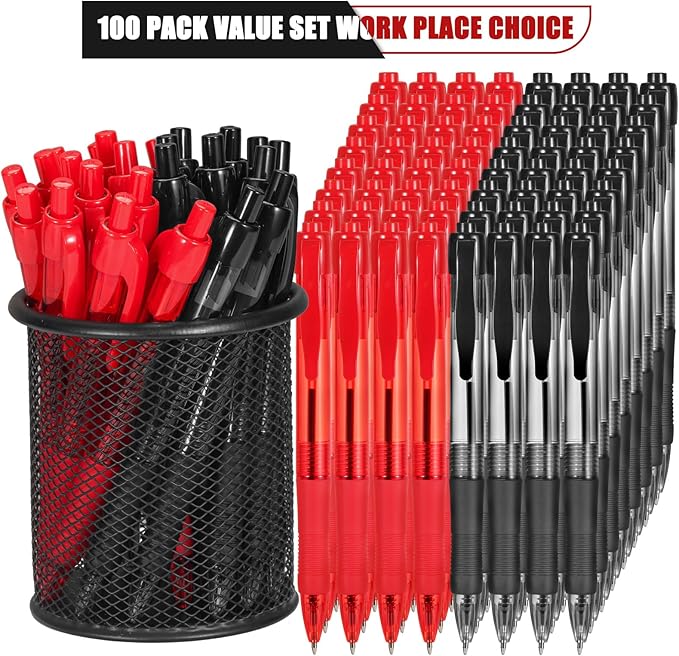 deegtran Pens Bulk, 100 Pack No Bleed Black & Red Ink Click Pens with Soft Grip, Wholesale Retractable Ballpoint Pens for Office School, Medium Point Smooth 1.0MM
