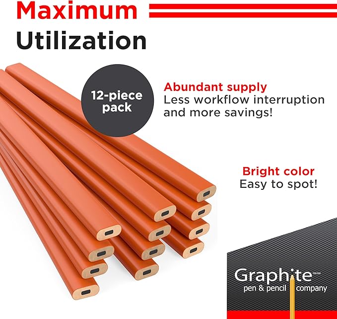 GRAPHITE Hard Lead Carpenter Pencils Bulk - (1) Pack of 12 Pieces Lumber Wooden Pencil #2 (HB) - Neon Orange