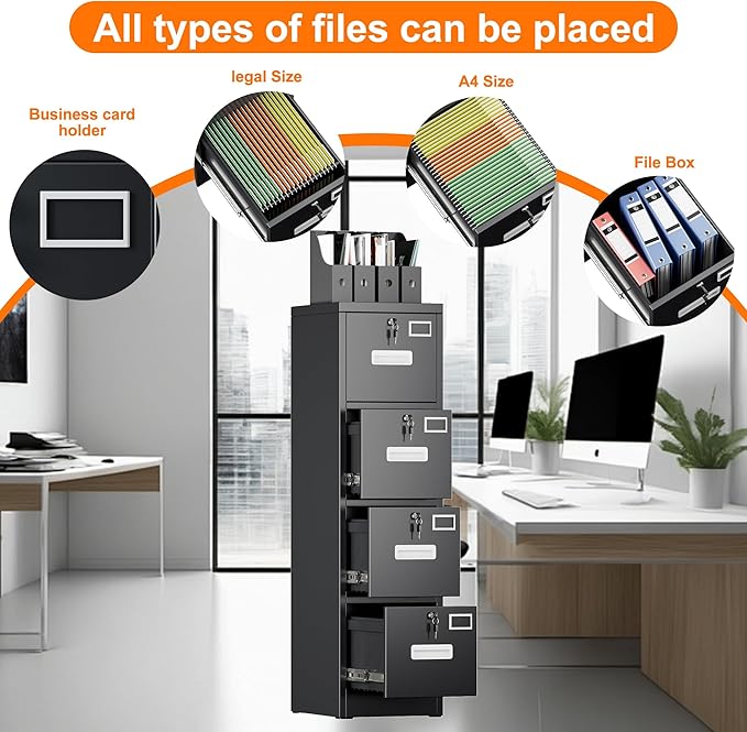 4 Drawer Metal Vertical File Cabinet with 4 Independent Locks, Home Office File Cabinet with Card Holder for Letter/Legal/A4 Folders, Black Filing Cabinet, Assembly Required, 4 Drawers