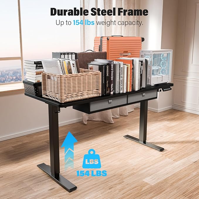 Kingant 48 x 24 Inch Electric Standing Desk with 4 Drawers, Height Adjustable Sit to Stand Computer Desk with Storage Shelf and C-Clamp Mount Compatibility for Home Office, Black