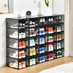 Stebopum 12 Pack Stackable Shoe Storage Organizer with Magnetic Door, Shoe Boxes Clear Black Plastic for Closet, Shoe Rack for Sneaker Boot Container, Shoe Cabinet Fit up to US Size 12