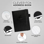 Clever Fox Address Book with alphabetic tabs - PU leather telephone and address book for keeping contacts safe, Contact Organizer Journal, Small Size (4.0″ x 5.5″), Hardcover, Black