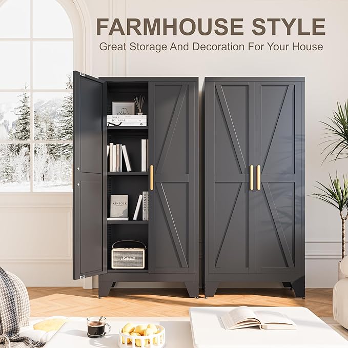 61H Metal Storage Cabinet with 2 Doors and 4 Shelves,Farmhouse Storage Cabinet with Barn Doors,Pantry Storage for Home,Office,Bathroom,Dining Room,Kitchen(Black)