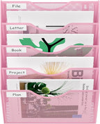 EasyPAG 5 Pocket Mesh Wall File Organizer, Hanging Paper Folder Holder with Classify Label, Vertical Wall Mount Mail Organizer for Office Home Classroom, Pink