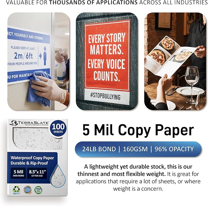 TerraSlate Premium Waterproof Paper, 5 MIL 8.5” x 11”, Laser Printer & Copy Machine Compatible, Durable & Rain/Weather-Proof Copy Paper, White Paper (100 Sheets)