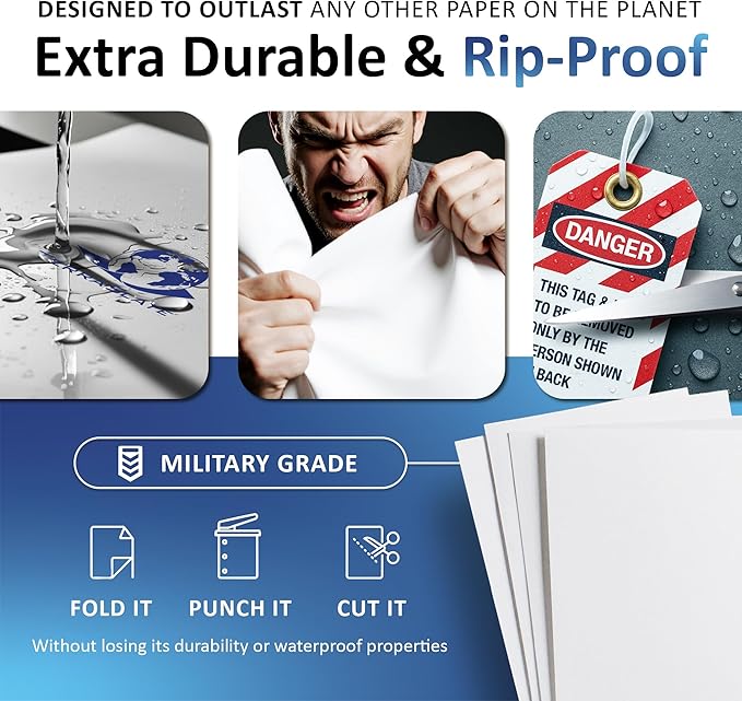 TerraSlate Premium Waterproof Paper, 5 MIL 8.5” x 11”, Laser Printer & Copy Machine Compatible, Durable & Rain/Weather-Proof Copy Paper, White Paper (250 Sheets)