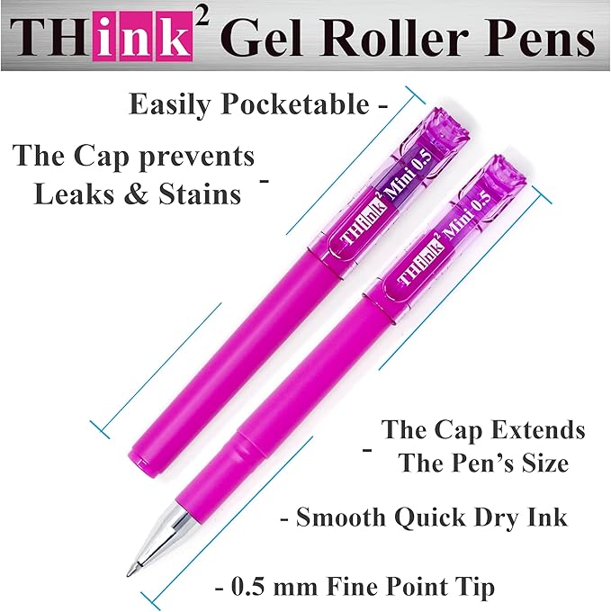 THINK2MASTER [24 Pens - Pink Ink Think2 0.5mm Pocketable Mini Gel Pens. (24 Pink) Fine Point Small Rollerball Pens with Smooth Quick Drying Ink.