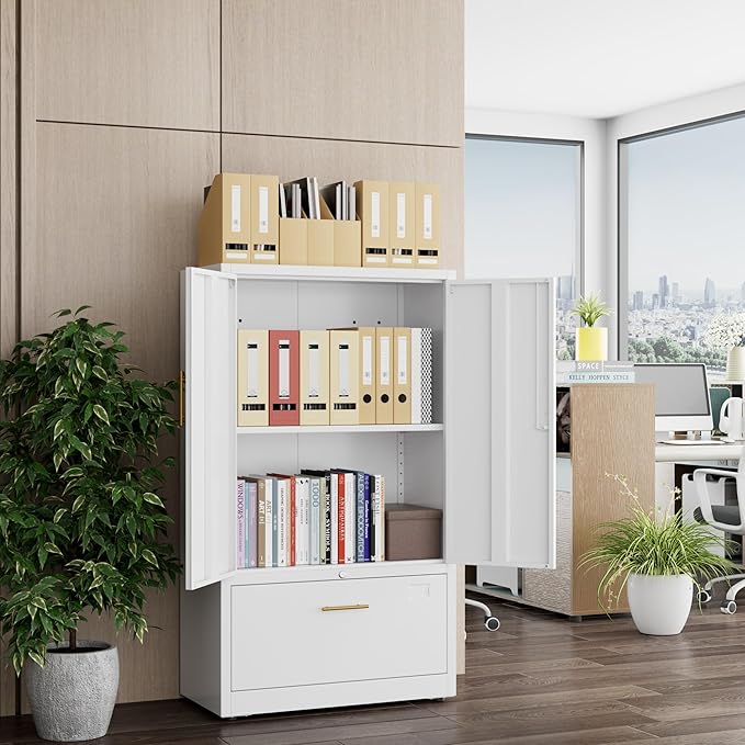 1 Drawer Lateral File Cabinet with Lock, Metal Filing Storage Cabinet with Locking Doors and Adjustable Shelf for Home, Office, School, Fits A4/Letter/Legal Size Folders, White