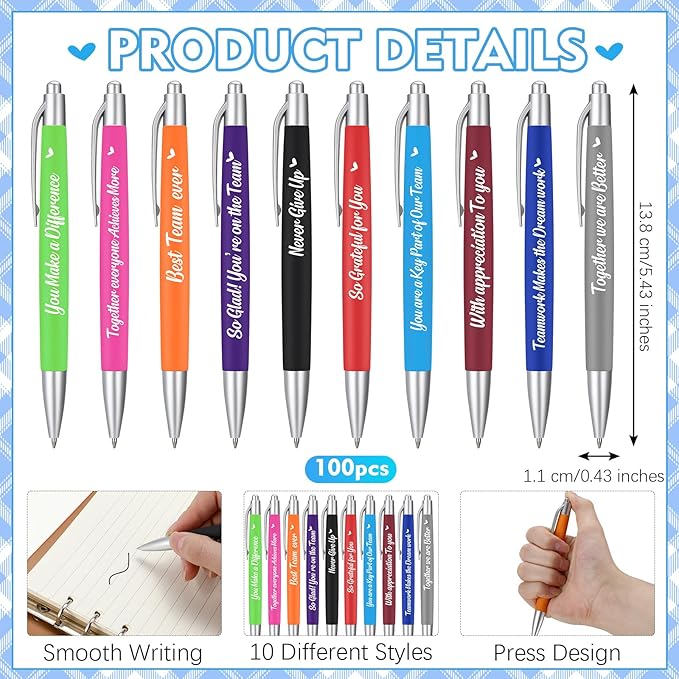 Yeaqee 100 Pcs Inspirational Pens Employee Appreciation Back to School Gifts Motivational Thank You Metal Greeting Quote Ballpoint Pen for Coworker Teacher(Multicolored,Member)