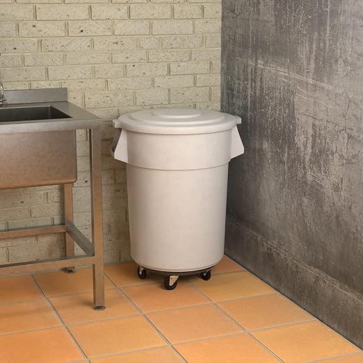 55 Gallon White Round Commercial Trash Can with Lid and Dolly
