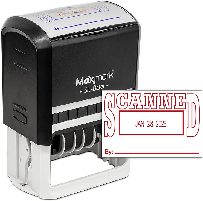 MaxMark Large Self-Inking Rubber Date Office Stamp with Scanned Phrase & Date - Red Ink, 12-Year Band - Style 5