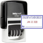MaxMark Office Self Inking Date Stamp with Phrase Revised - 2 Color Blue/Red Ink