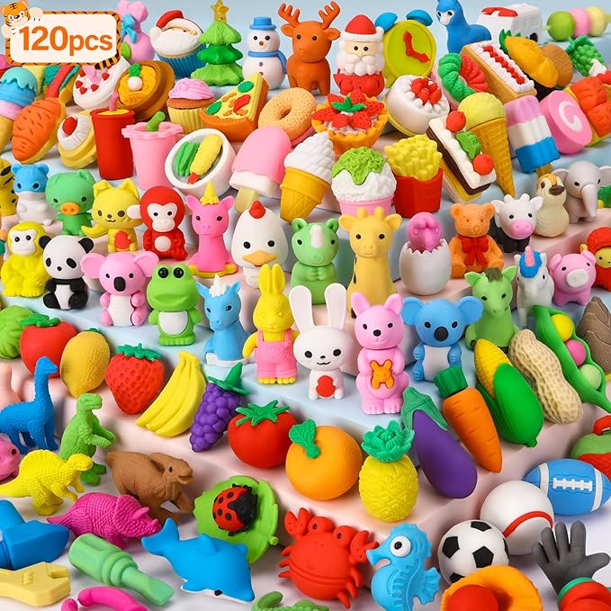 Moosia 120 Pack Animal Pencil Erasers for Kids, 3D Mini Puzzle Take Apart Erasers, Desk Pets & Treasure Box Toys, Bulk Party Favors, Classroom Prizes, School Supplies, Gift for Boys & Girls