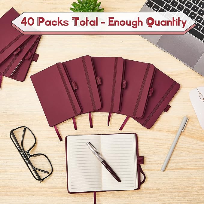 40 Pieces Small Notebooks A6 Pocket Journals 3.5 x 5.5 Inch Small Leather Notebook Mini Ruled Lined Journal with Elastic Band Pen Holder Page Marker Ribbons (Wine Red)