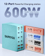 SAIPKYGS Charging Station (600W),12-Port USB C Charger Block with Dual 100W PD USB-C Fast Charging Station Hub for MacBook Pro/Air/All iPad Phone 17/16 15/14/13/Pro Max/Samsung Galaxy Note(Green)