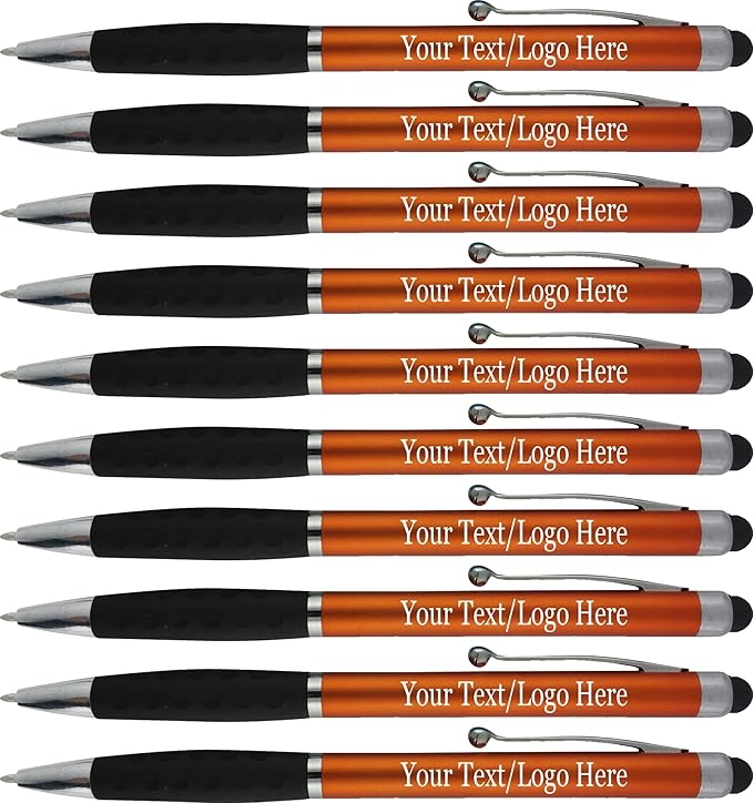 Personalized Pens With your Custom Logo or Text-300 Pack Bulk-for Businesses, Parties, and Events, 2 in 1 Ballpoint Pen & Stylus for Touchscreen Devices, Orange Barrel, Black Ink