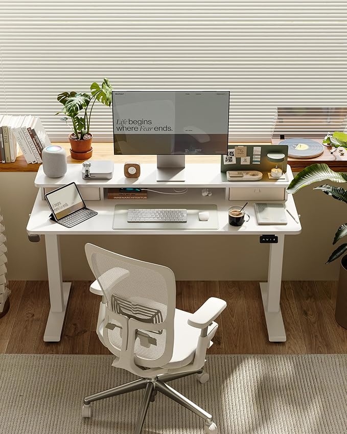 FEZIBO 40 x 24 Inch Height Adjustable Electric Standing Desk with Double Drawer, Stand up Home Office Computer Desk with 4 Height-Adjustable Feets & 2 Hooks, White