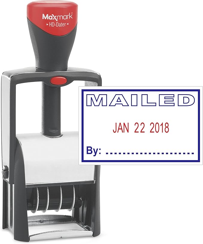 MaxMark Heavy Duty Self Inking Date Stamp with Phrase Mailed - 2 Color Blue/Red Ink