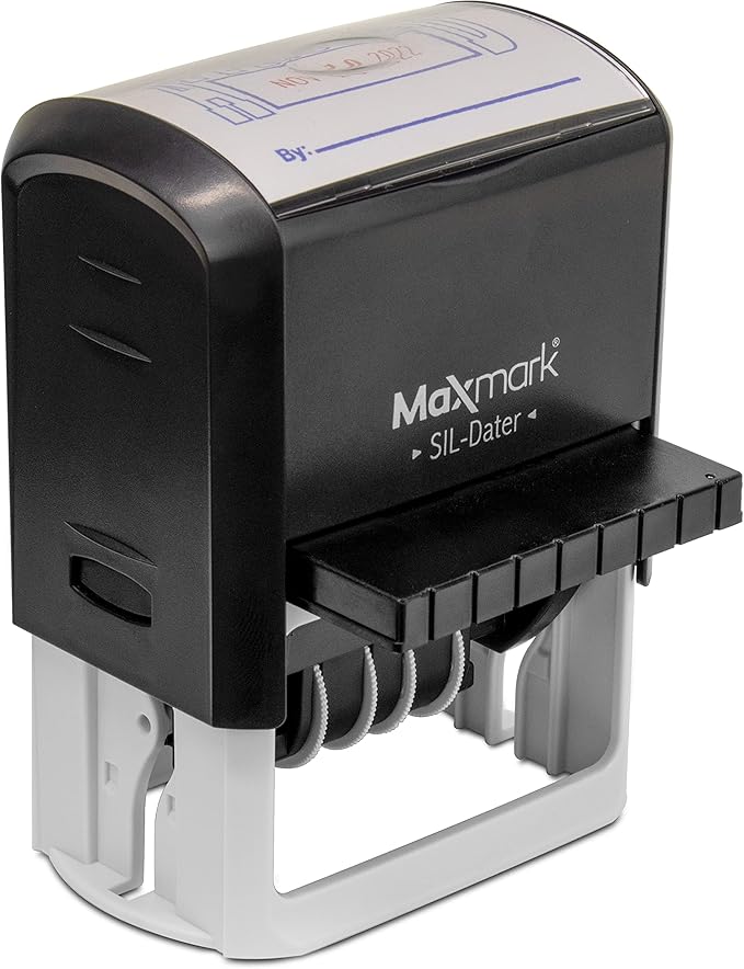 MaxMark Large Self-Inking Rubber Date Office Stamp with Approved Phrase & Date - Blue/Red Ink, 12-Year Band - Style 3