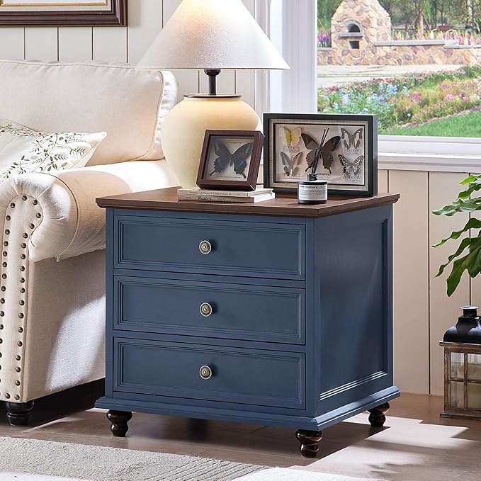 24" Wide Farmhouse Night Stand Set of 2,Large End Table with 3 Drawers & Metal Handle,Blue Wood Dresser for Bedroom Cabinet, Bed Side Table Chest of Drawers,Nightstand for Living Room,Closet