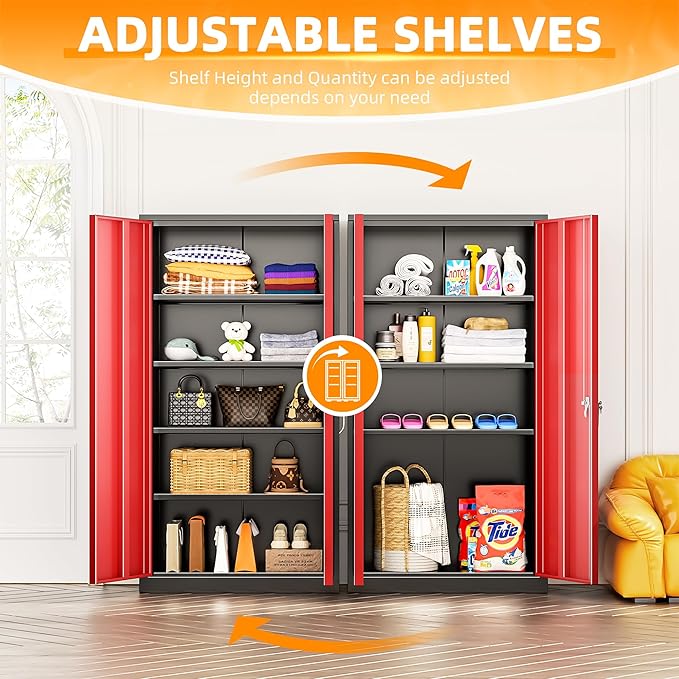 INTERGREAT Garage Storage Cabinet with Lockable Door, 72" H Metal Locking Cabinets with 4 Adjustable Shelves,Black Red Steel Cabinets Storage for Home Office, Warehouse，School