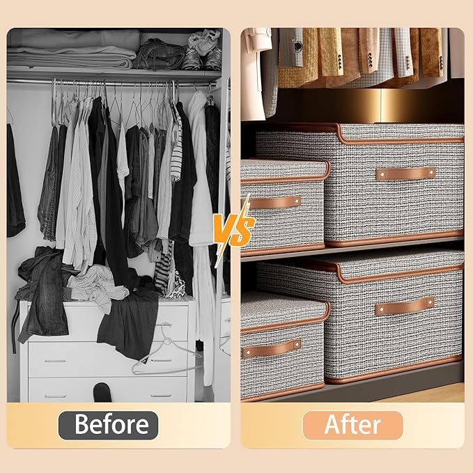 Tuza 4 Pack Storage Bins with Lids, Collapsible Closet Organizer Container, Fabric Organizer Box with Handles, Decorative Storage Boxes with Lids for Organizing Clothes, Sheet, Light Grey, Extra Large