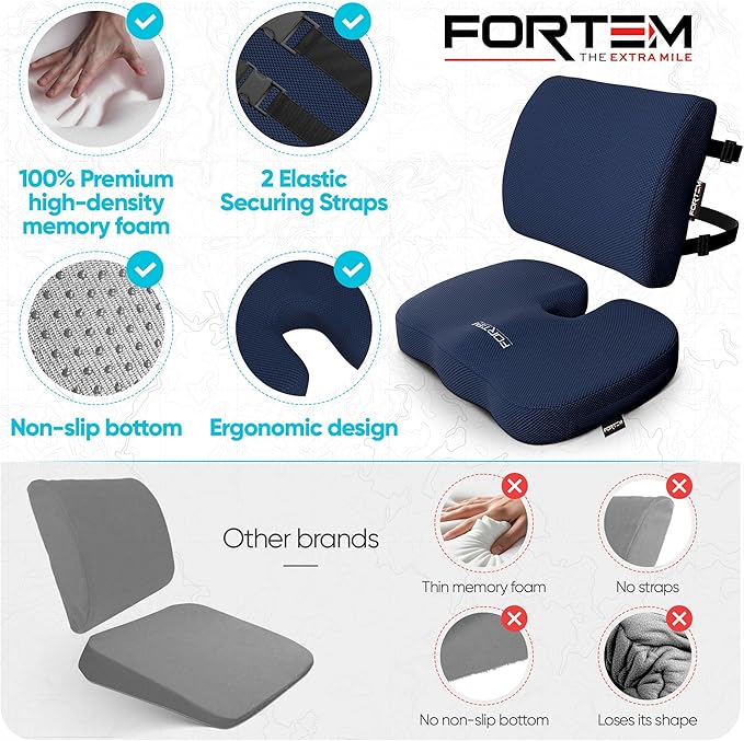 FORTEM Seat Cushion, Office Chair Cushion, Lumbar Support Pillow for Office Chair, Memory Foam Sciatica Coccyx Tailbone Pressure Pain Relief, Car Sitting Pad, Washable Non Slip, XL