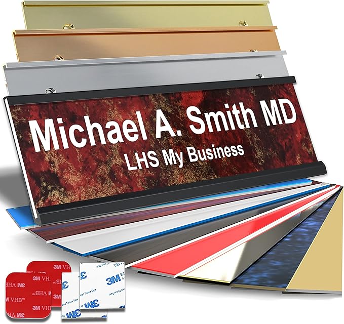 Personalized Name Plate with Choice of Mounting Holders for Walls, Doors, Cubicles, Hanging and More - Custom Gloss Rustico Granite Plastic White Letters - USA Made 2x6 - S2