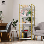 CAPHAUS 5 Tier Bookshelf, 24 Inch Width Free Standing Shelf, Bookcase Shelf Storage Organizer, Industrial Book Shelves for Home Office, Living Room, Kitchen, White Wooden Shelves & Gold Frame