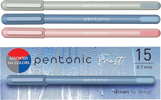 Pentonic Ballpoint Pens, 15 Count, Gray, Blue & Pink Barrels, Black, Blue & Red Ink, 0.7 mm Fine Point, Smooth Writing For Note Taking (PEN13088)