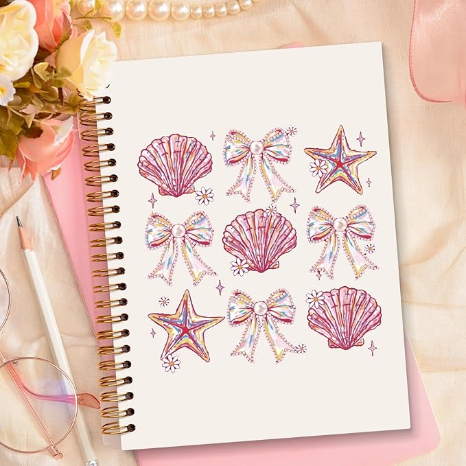 JXREQ Pink Bow Seashell Coquette Notebook Journal Notebook, Trendy Aesthetic Journal for Women, Girly Office Supplies, Coquette Beachy Spiral Notebooks 5.5x8.3