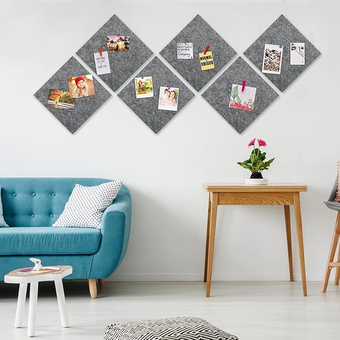 AKTOP Cork Bulletin Board 12x12, 1/2" Thick Felt Cork Board Tiles 6 Pack, Small Square Pin Board for Wall, Self Adhesive Corkboards with 60 Push Pin Wood Clips for School, Home & Office, Grey