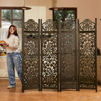 5.75Ft Room Divider Wood Screen, 33Lbs Durable MDF Carved Rustic Style Headboard, Reversible Freestanding Folding Partition Paravent for Home, 69 * 71 inch(H*W) - 4 Panels (Antique Brown)