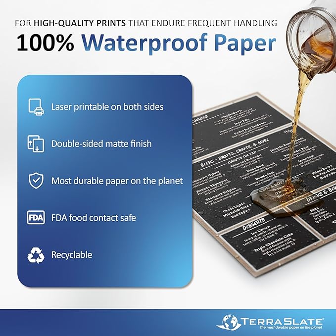 TerraSlate Copy Paper Waterproof Laser Printer, Rain Weatherproof, 5 Mil, 8.5x11-inch, 500 Sheets
