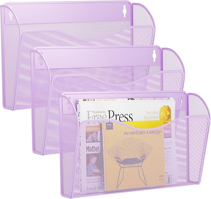 GDINDINFAN 3 Single Pocket Wall File Holder, Mesh Hanging File Folder Paper Organizer, Vertical Wall Mounted Mail Basket, Storage Organization Magazine Rack for Office, Home and School, Light Purple