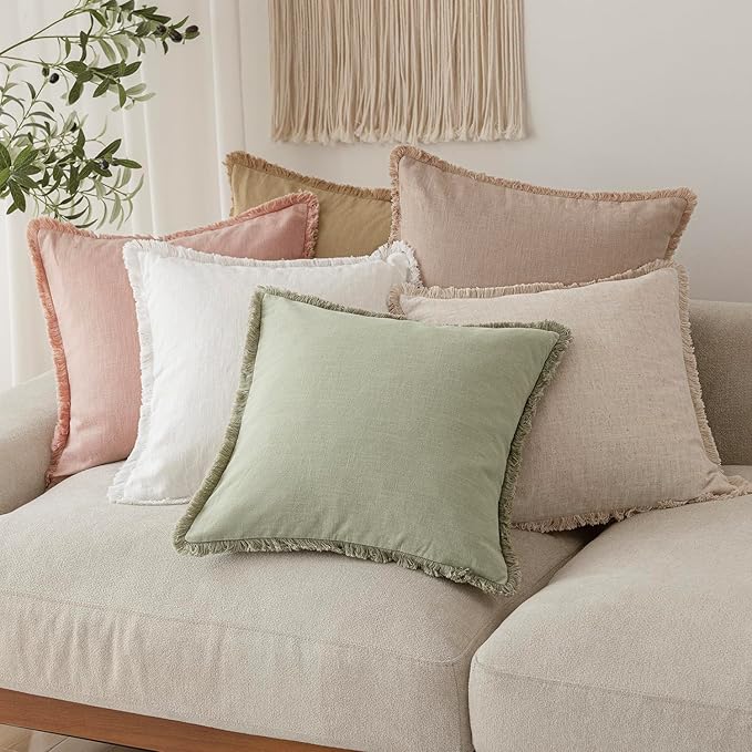 Foindtower Set of 2 Decorative Linen Fringe Lumbar Throw Pillow Covers Farmhouse Cushion Cover with Tassels Soft Accent Pillowcase for Couch Sofa Bed Living Room Home Decor,12×20 Inch,Light Sage Green