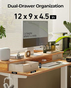 FEZIBO 48'' x 24'' Standing Desk with Double Drawers, Adjustable Desk, Home Office Stand Up Table with 4 Height-Adjustable Feets & 2 Hooks, Light Rustic