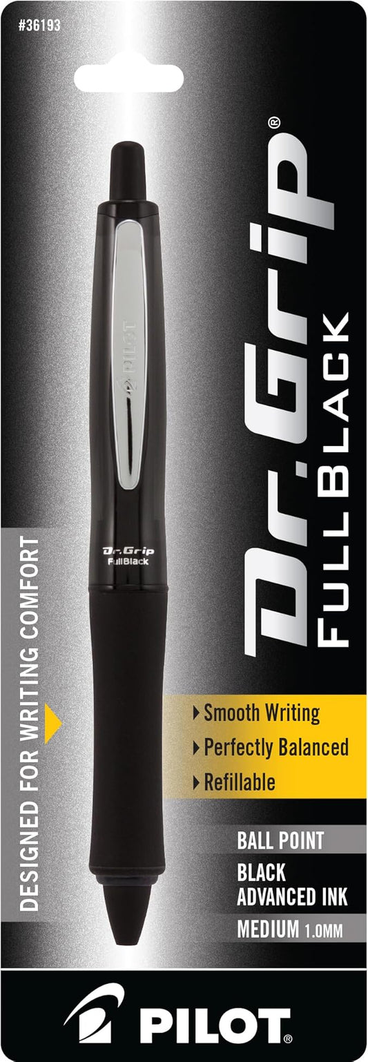 PILOT Dr. Grip FullBlack Refillable & Retractable Ballpoint Pen, Medium Point, Black Ink, Single Pen (36193)