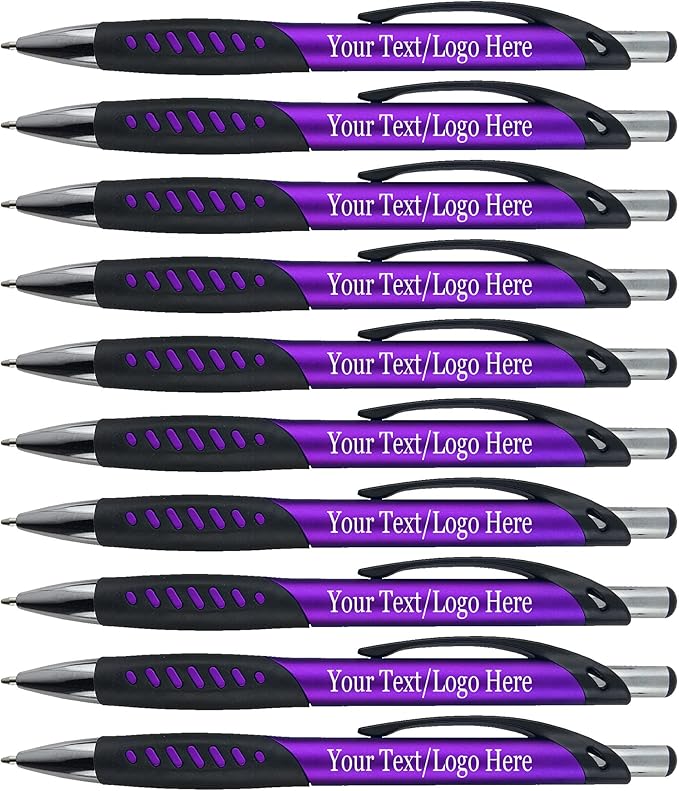 SyPen Promotional Pens With your Custom Logo or Text-300 Pack Bulk-for Businesses, Parties, and Events, Custom Printed Metallic/Colored Click Action Ballpoint Pens, Rubber Grip, Black Ink, Purple