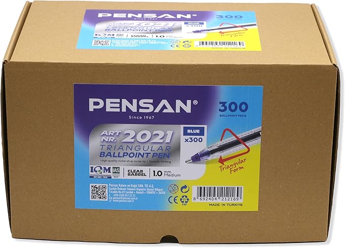 Blue Ballpoint Pens,1.0 mm Medium Point, Blue Pens, Ergonomic Triangle Grip, Smooth Writing, 300-Count Pack of Bulk Pens