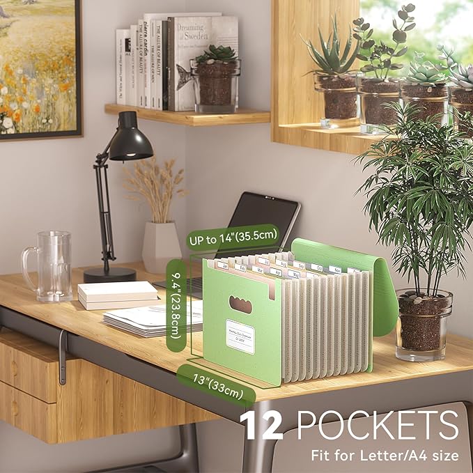 Accordion File Organizer, 13 Pockets Wheat Straw Expanding File Folder, Portable Monthly Paper Bill Tax Receipt Organizer, Letter A4 Size Document Holder with Colorful Tab - Grass Green