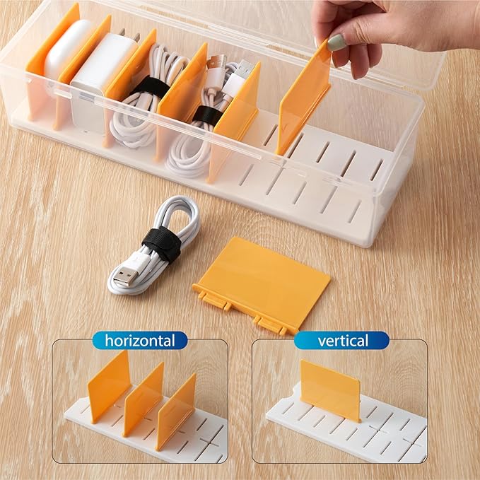 Fzooua Cable Organizer Storage Box with 8 Cable Ties, Clear Phone Charger Organizer Case Wire Organizers for Cords Electronic Storage Box for Drawer Desk Office Home (1 Pack)