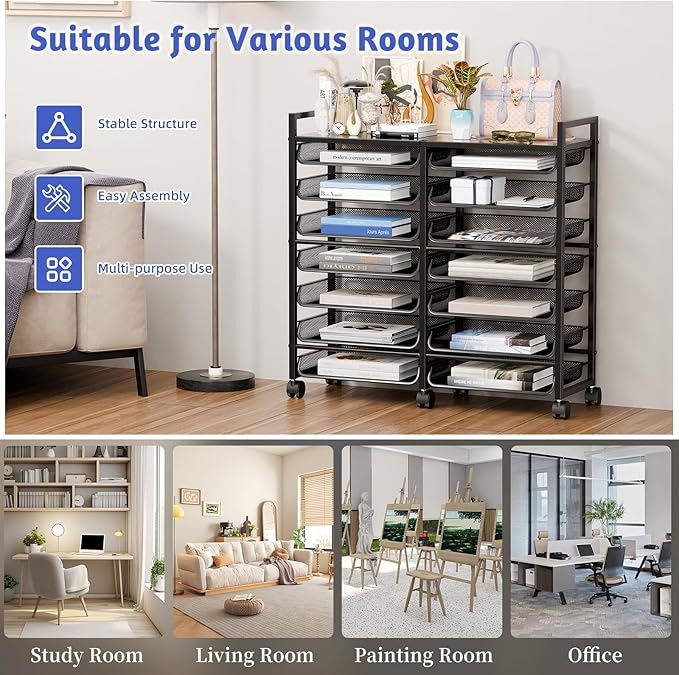 Simple Trending Rolling File Storage Cart, 15-Tier Metal Desk File Organizer with 14 Mesh Sliding Trays, Multi-Functional Clutter Cart for Office Home School, Black