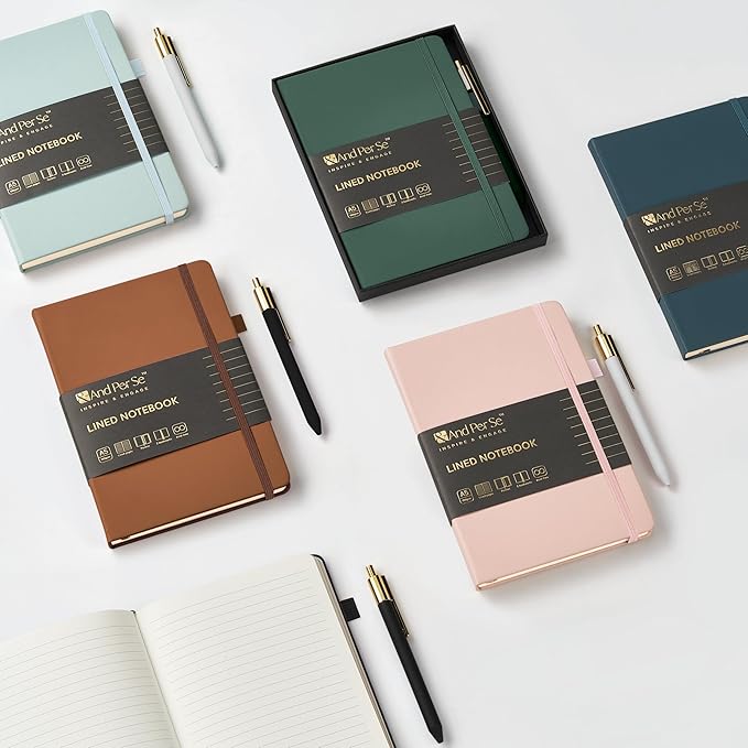 A5 Lined Leather Journal and Pen Set for Women&Men, Gift Box Included, Hardcover Notebook with 160 Pages 100GSM Thick Paper, for Work, Business, School or Home Writing(Cyan)