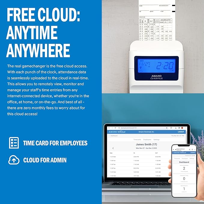 AMANO Calculating Time Clock with WiFi Connection to Free Cloud APP: View Employee Punch Times Remotely from Anywhere, Anytime (MJR-PLUSEZ)