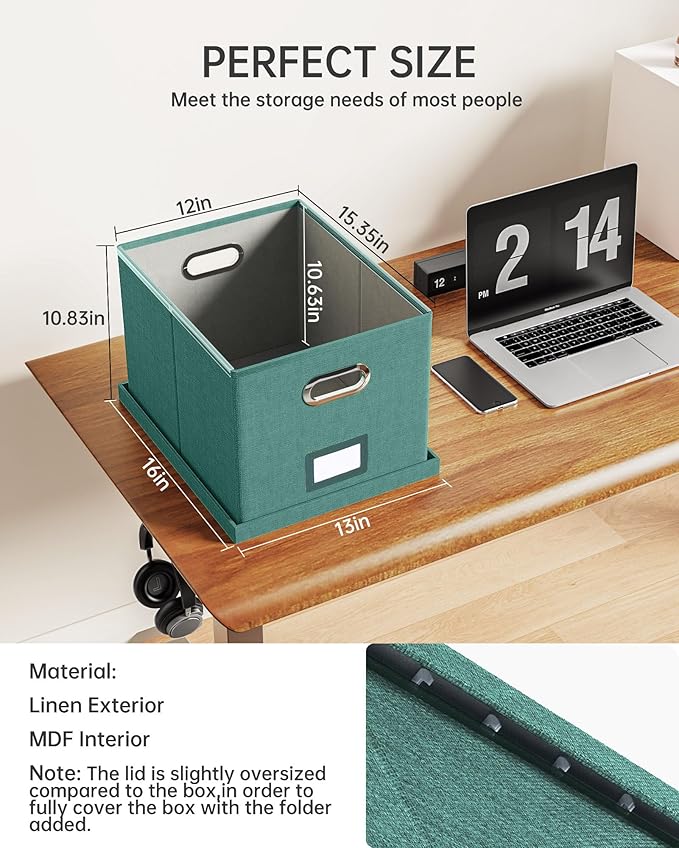 Oterri File Organizer with Lid, File Box, File Cabinet for Letter File Folder Storage, Hanging File Organizer for Office/Decor/Home,Document Organizer, 1 Pack,Forest-Green-Box Only