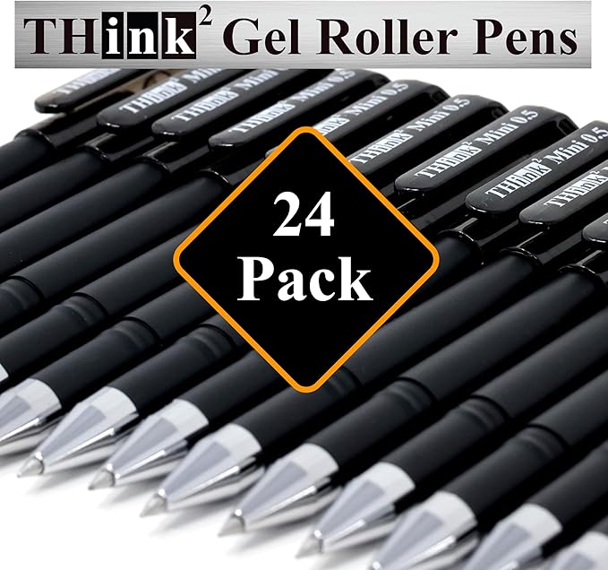 THINK2MASTER [24 Pens - Black Ink Think2 0.5mm Pocketable Mini Gel Pens. (24 Black) Fine Point Small Rollerball Pens with Smooth Quick Drying Ink.
