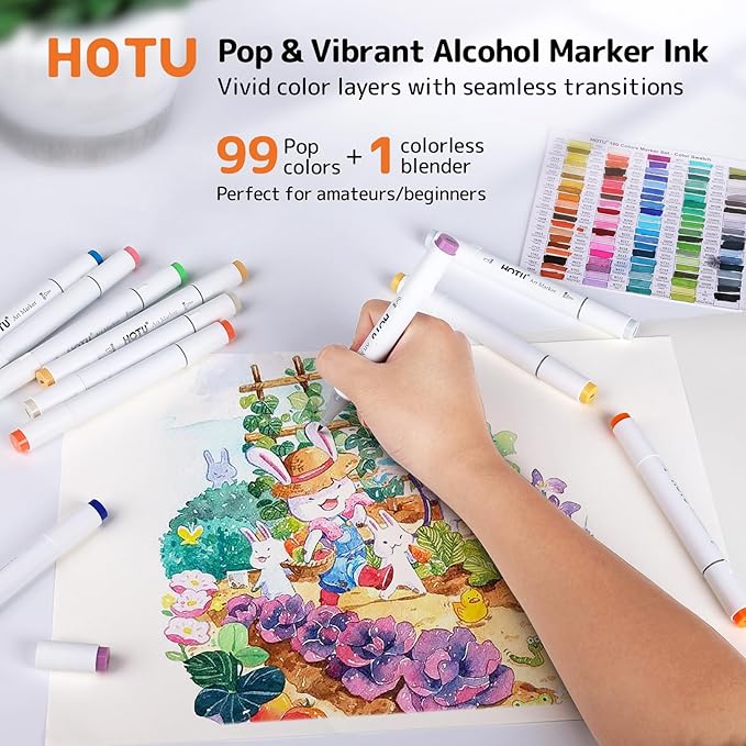 Alcohol Markers, [Beginner Preferred] 100 Vibrant Colors & Dual Tips Art Markers for Kids/Adult Coloring, with Pro Ink, Seamless Blend, Non-Bleeding Pad, & Color Card, for Amateurs/Artists