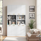 Cozy Castle Kitchen Pantry Cabinet, 75" Tall Wood Storage Cabinet with Doors and Shelves, 4 Doors Open Countertop Utility Hutch Cupboard for Dining Room Living Room Bathroom Furniture, White